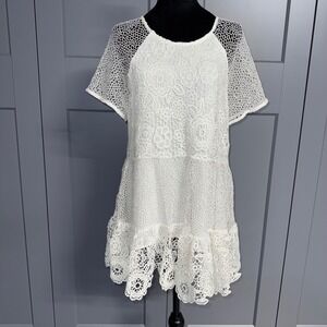 Andree by Unit White Lace Crochet Tiered Ruffle Tie Back Mini Dress Size M/L